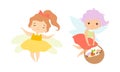 Little Fairy or Pixie with Wings as Woodland Nymph Hovering with Basket Full of Mushroom Vector Set