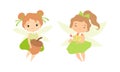 Little Fairy or Pixie with Wings as Woodland Nymph Hovering with Flowers and Acorn Vector Set