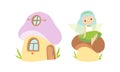 Little Fairy or Pixie with Wings as Woodland Nymph Sitting on Mushroom Cap and Fabulous House Vector Set
