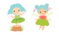 Little Fairy or Pixie with Wings as Woodland Nymph Standing on Tree Stump and Hovering Vector Set