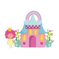 Little fairy princess with crown castle rainbow flowers tale cartoon Royalty Free Stock Photo