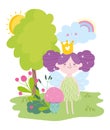 Little fairy princess with crown mushroom rainbow tree tale cartoon