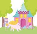 Little fairy princess with cute unicorn castle and flowers tale cartoon Royalty Free Stock Photo