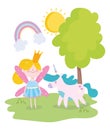 Little fairy princess with fantastic magic unicorn tale cartoon