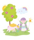 Little fairy princess magic unicorn rainbow tree flowers tale cartoon Royalty Free Stock Photo