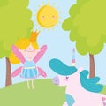 Little fairy princess and unicorn forest trees tale cartoon