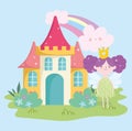 Little fairy princess with wings castle rainbow clouds garden tale cartoon Royalty Free Stock Photo