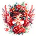 Little fairy in rose flowers isolated on white background. Cute magical creature with wings, angel or cupid Royalty Free Stock Photo