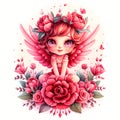 Little fairy in rose flowers isolated on white background. Cute magical creature with wings, angel or cupid Royalty Free Stock Photo