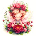 Little fairy in rose flowers isolated on white background. Cute magical creature with wings, angel or cupid Royalty Free Stock Photo