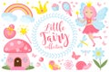 Little fairy set, cartoon style. Cute and mystical collection for girls with fairytale forest princess, magic wand