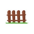 Little farm fence made of brown planks. Bright green grass. Wooden fencing knocked with nails. Cartoon icon. Colorful