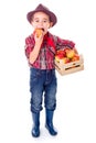 Little farmer boy tasting fresh apple