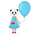 Little fashion panda girl dressed up in dress. Animal hipster bear in dress with balloon. Panda kid dressed in urban