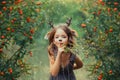 Little fawn in a barberry dog rose grove, faun child plays hide-and-seek and holds a finger to lips, keeps a secret, a Royalty Free Stock Photo