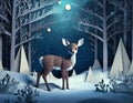 Little fawn in snowy forest at winter time, paper cut art, close up Royalty Free Stock Photo