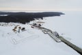 Little ferry ship in port Triigi at winter