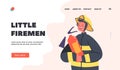 Little Fireman Landing Page Template. Boy Holding Extinguisher. Brave Firefighter with Equipment for Fighting with Blaze Royalty Free Stock Photo