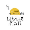 Little fish - Summer kids poster with cute red fish and lettering cut out of paper. Vector illustration