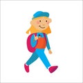Little flat girl with rucksuck walking isolated on background. Vector character illustration in bright colors.