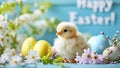 A little fluffy chick baby chicken sitting among painted eggs and daisies on light blue background. Happy Easter holiday concept Royalty Free Stock Photo