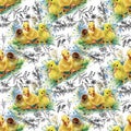 Little fluffy cute watercolor ducklings, chickens and hares with eggs seamless pattern on white background vector illustration Royalty Free Stock Photo