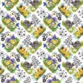 Little fluffy cute watercolor ducklings, chickens and hares with eggs seamless pattern on white background vector illustration Royalty Free Stock Photo