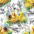 Little fluffy cute watercolor ducklings, chickens and hares with eggs seamless pattern on white background vector illustration Royalty Free Stock Photo