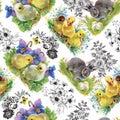 Little fluffy cute watercolor ducklings, chickens and hares with eggs seamless pattern on white background vector illustration Royalty Free Stock Photo