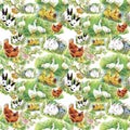 Little fluffy cute watercolor ducklings, chickens and hares with eggs seamless pattern on white background vector illustration Royalty Free Stock Photo