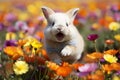 Little fluffy decorative rabbit running on field, Easter concept