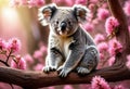 Little fluffy koala sitting on branch with pink flowers. Generative AI