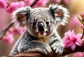 Little fluffy koala sitting on branch with pink flowers. Generative AI