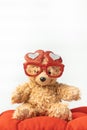 Little fluffy teddy bear wearing red heart shaped glasses and holding red balloon. Happy Valentine\'s Day. Presents in a red Royalty Free Stock Photo