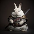 Fluffy white rabbit in samurai armor