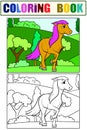 Little foal in a clearing. Set of coloring book and color picture for children.