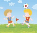 Little football players with a ball Royalty Free Stock Photo