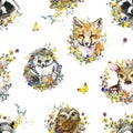 little Forest Animals seamless pattern. watercolor wild nature illustration. animal print. Racoon. Fox. Owl. Deer. Hadgehog.