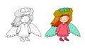 Little forest fairy. Cute funny girl with wings. forest angel. Illustration for coloring books. Monochrome and colored versions