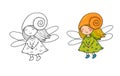 Little forest fairy. Cute funny girl with wings. Illustration for coloring books. Monochrome and colored versions Royalty Free Stock Photo