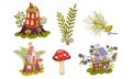 Little Forest Fairy Houses and Botany with Mushroom and Branches Vector Set