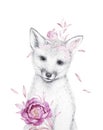 Little Fox. Animal Pencil Draw. Pink Watercolor flowers dÃÂ©cor. Adorable Forest friends Royalty Free Stock Photo