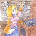 Little fox girl wolf prepares dinner on the stove, village hut, garlic, basil. Watercolor and liner