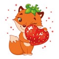 Little fox hugs strawberry heart