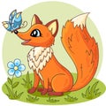 A little fox plays with a butterfly. Vector illustration