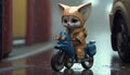 The little fox is riding a scooter in the rain, 3d render