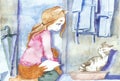 The little fox wolf girl teaches the kitten to the litter box, watches the cat in the hallway. Watercolor and liner Royalty Free Stock Photo