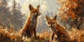 Little foxes rest and play in the forest. Wild animals in the forest. Generative AI
