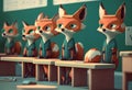 Little foxes sit at school desks. AI Generated