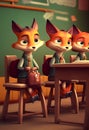 Little foxes sit at school desks. AI Generated